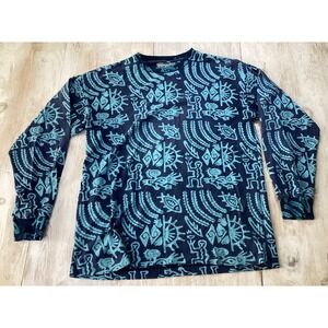 Black Rice Blue Long Sleeve T Shirt Size M Abstract Print Hand Made Indonesia